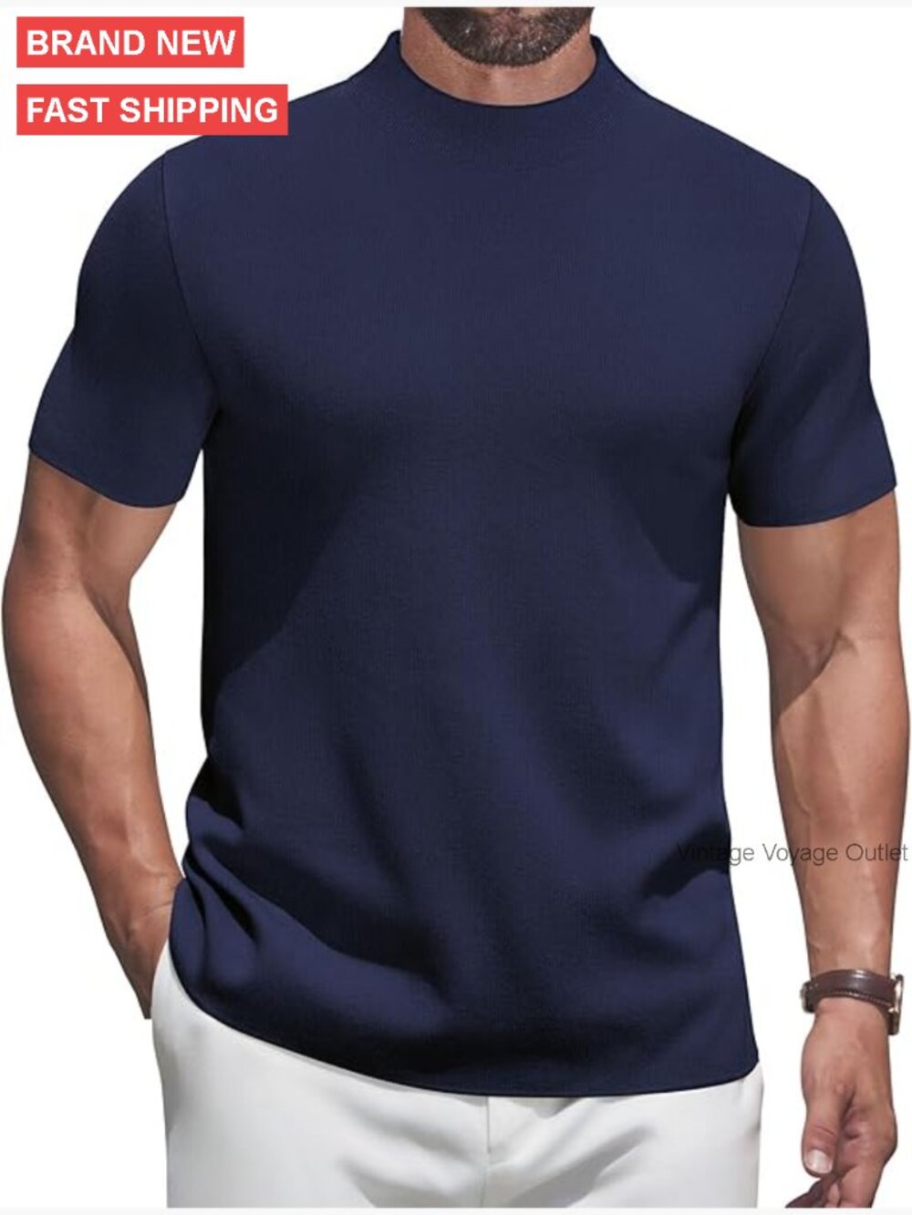 Men's Mock Turtleneck Short Sleeve Knit Sweater Thermal Tee Slim Fit